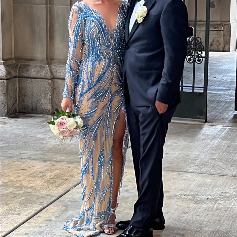 Albina Dyla Customized Blue Beaded Gown Pageant Gala Prom Ball - Picture 2 of 9